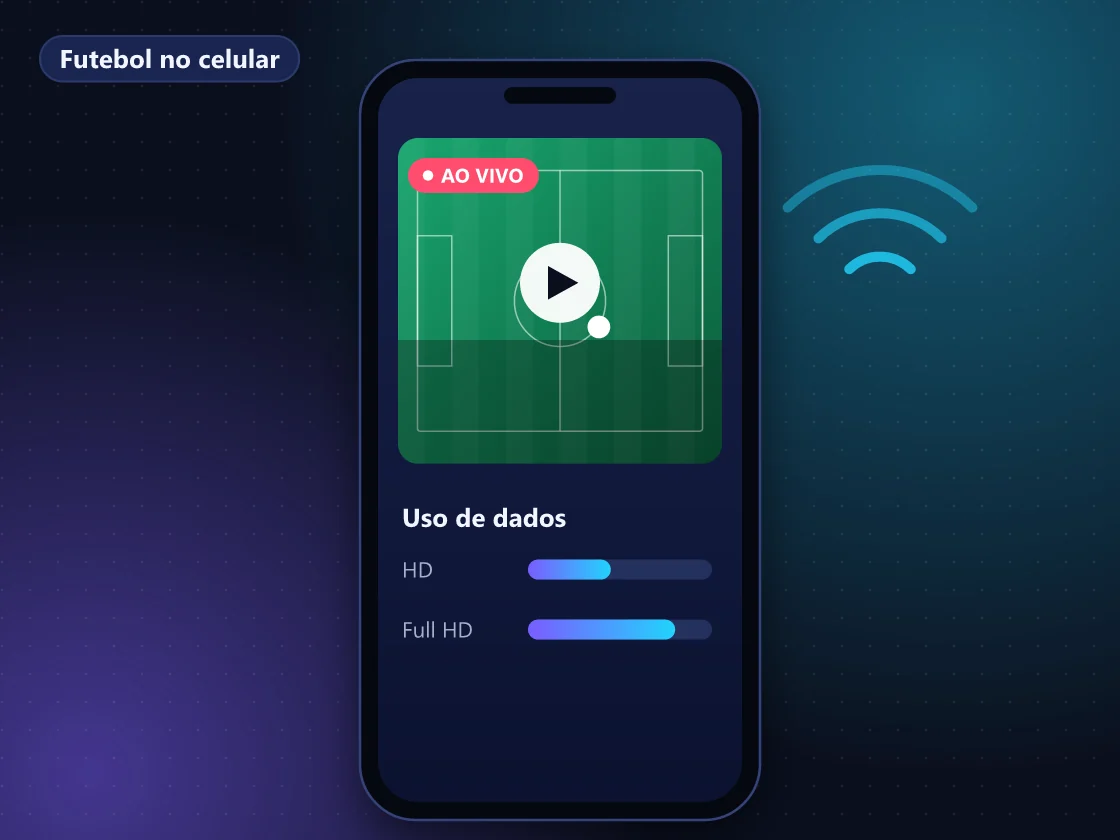 Mão segurando celular na horizontal com jogo de futebol ao vivo na tela
