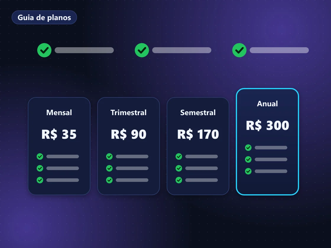Ilustração de quatro cartões de planos IPTV com calendário e cofrinho