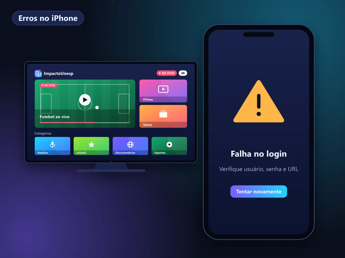 iPhone com mensagem de erro em app de IPTV ao lado dos ajustes do iOS