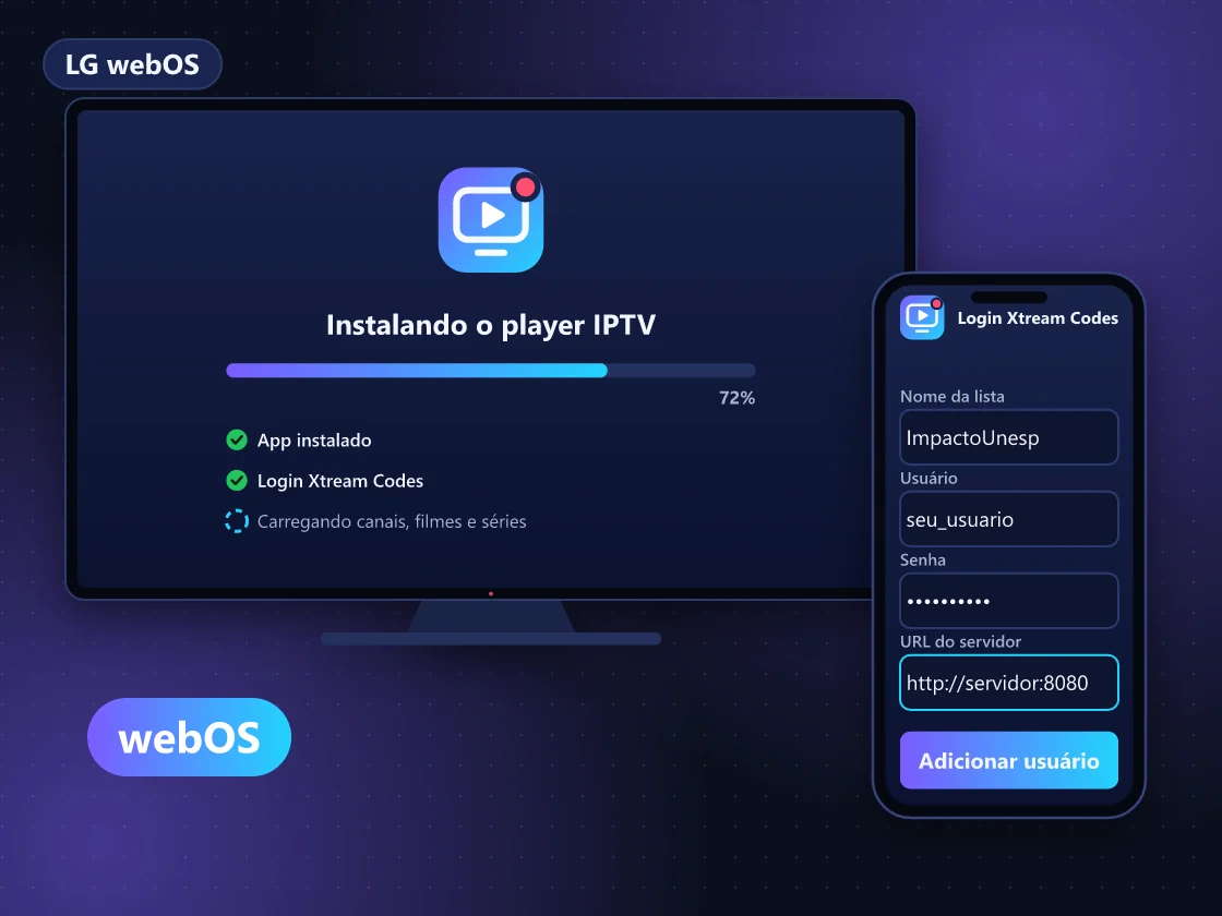 TV LG com webOS mostrando a loja de aplicativos e a busca por app de IPTV