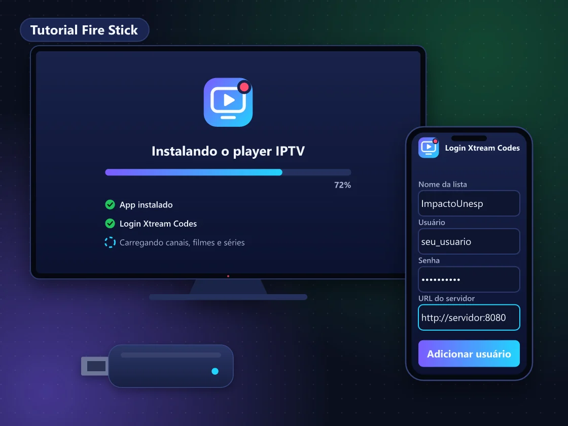 Tela do Fire TV Stick com o app Downloader e um app IPTV sendo instalado