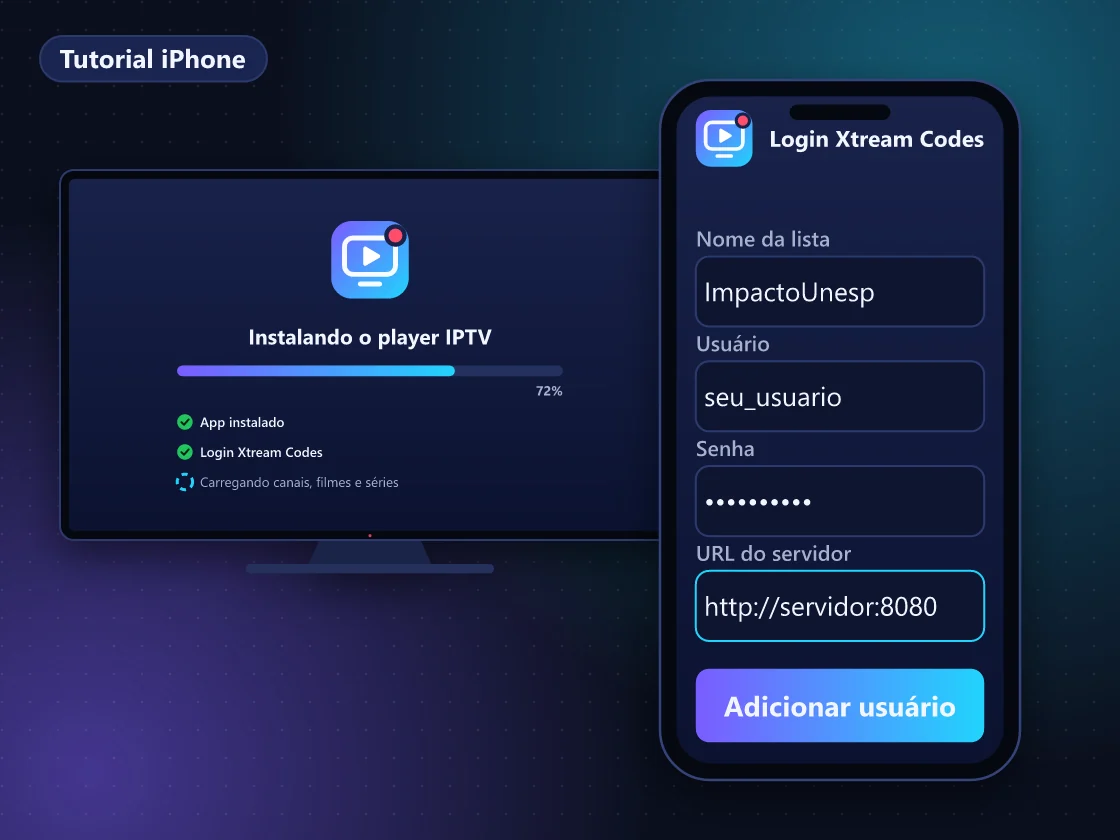 Mão segurando iPhone com tela de login Xtream Codes em app player de IPTV