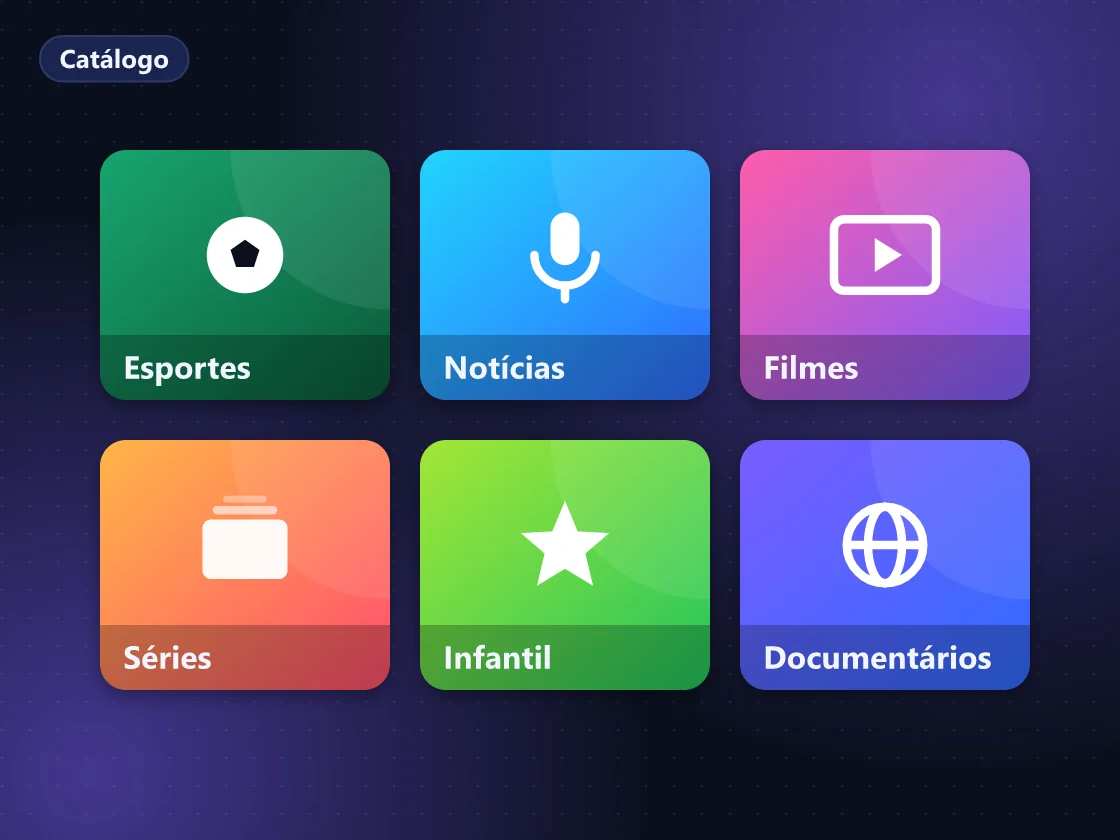 Tela de TV com mosaico de categorias de canais, filmes, séries e esportes