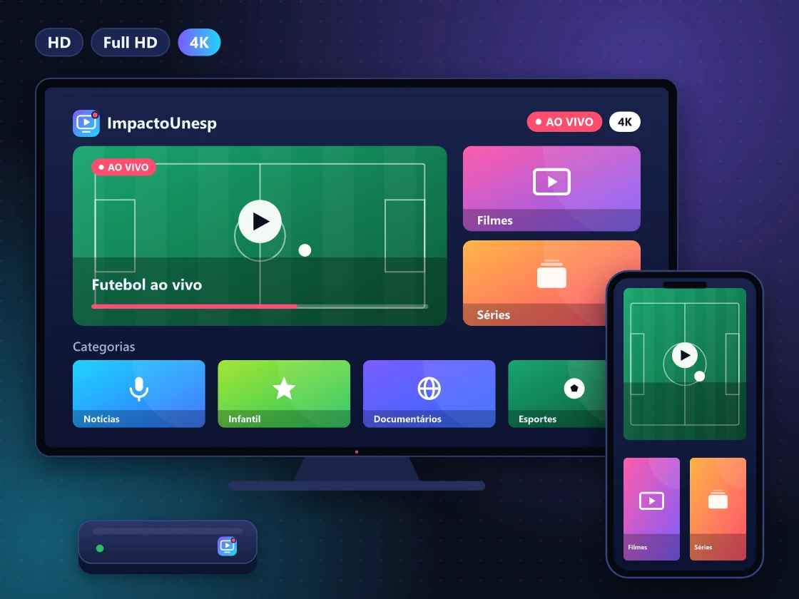 Tela de IPTV na Smart TV com futebol ao vivo, filmes, séries e categorias, ao lado de celular e TV Box