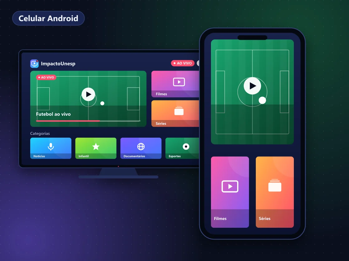 Celular Android na horizontal exibindo um canal ao vivo em app IPTV