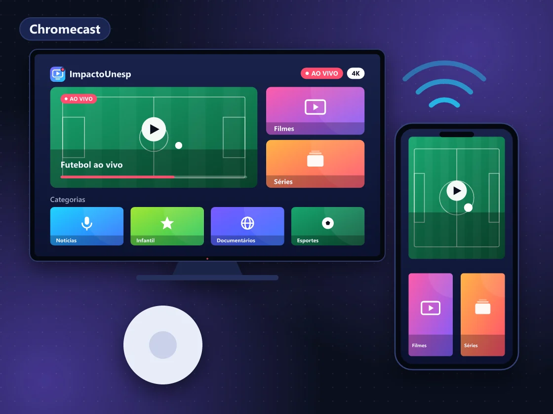 Chromecast com Google TV e controle remoto ao lado de uma TV exibindo app de IPTV