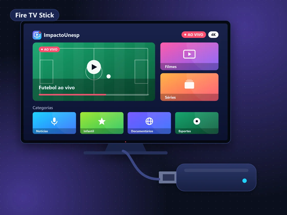 Fire TV Stick conectado na entrada HDMI da TV com app IPTV na tela
