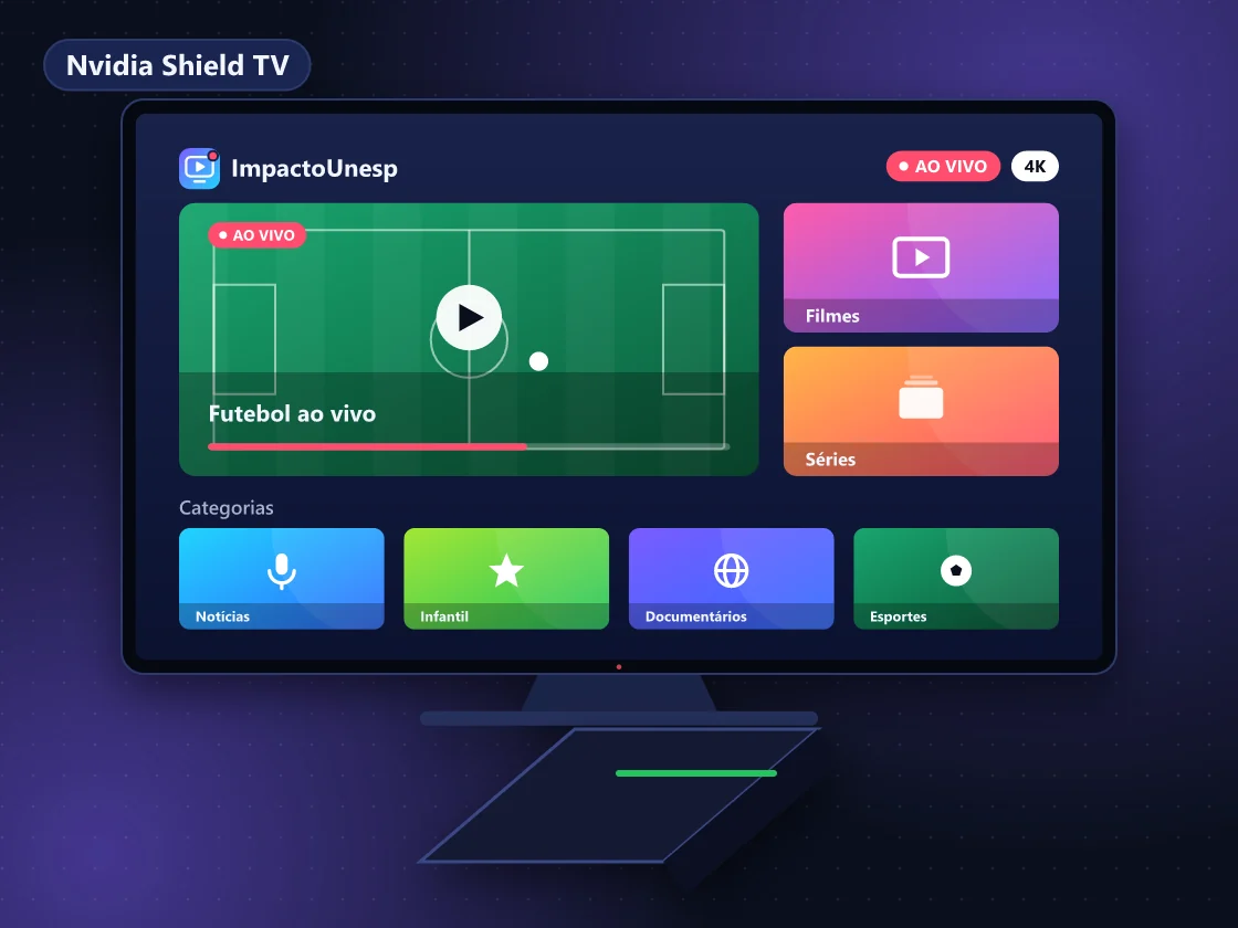 Nvidia Shield TV ligado por cabo de rede a uma TV 4K exibindo IPTV