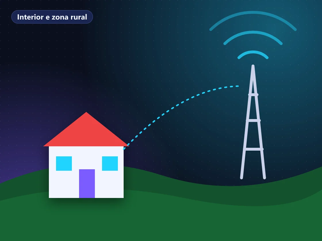 Ilustração de casa no campo com antena externa e TV exibindo canal por internet