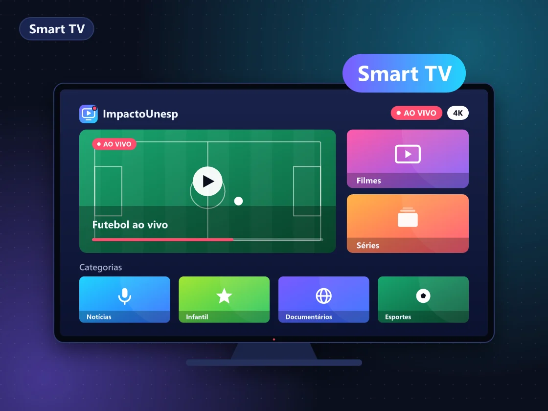 Smart TV na sala exibindo aplicativo de IPTV com grade de canais e controle remoto