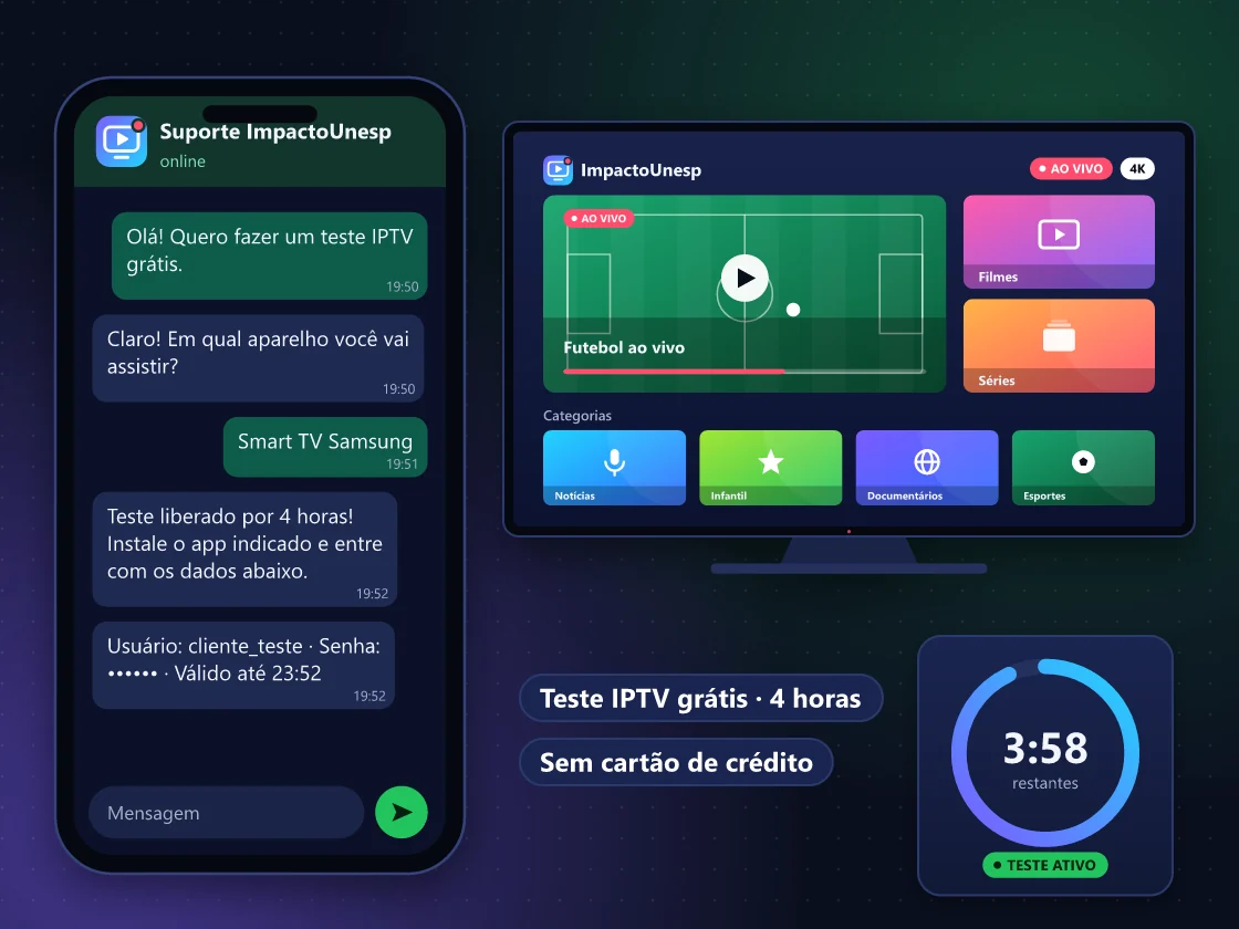 Pedido de teste IPTV grátis pelo WhatsApp com teste liberado por 4 horas na Smart TV